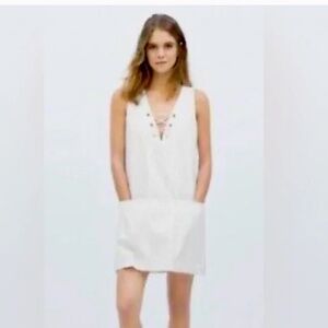Zara White Mini Dress Front Pockets Cross V-Neck Small